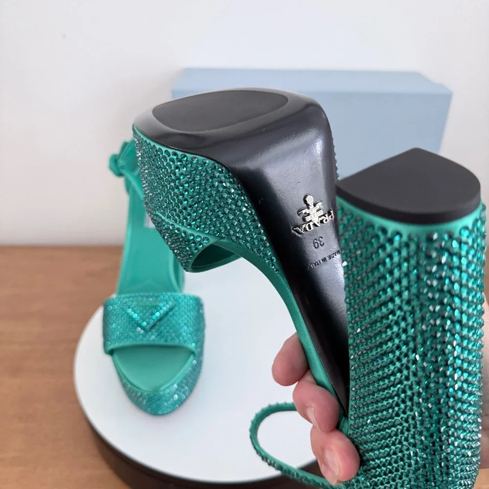Prada Crystal‑Embellished Satin Platform Sandals Aqua Green Made in Italy. UK 39